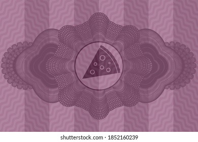 Linear decoration pizza slice icon inside pink wavy realistic emblem. Curve classic background. Artistic illustration. 