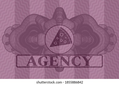 Linear decoration pizza slice icon and Agency text pink wavy realistic emblem. Curve exquisite background. Vector illustration. 