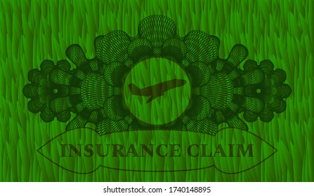 Linear decoration Plane taking off icon and Insurance Claim text green grama grass badge. Eco exquisite background. Intense illustration. 