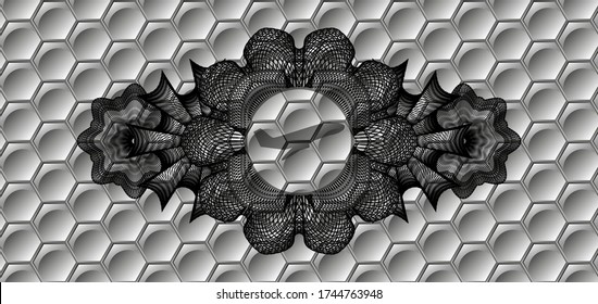 Linear decoration Plane taking off icon inside grey shiny hexagon geometric style pattern realistic emblem. Trendy background. Vector illustration. 