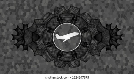 Linear decoration Plane taking off icon inside grey color stone wall emblem. Rock exquisite background. Illustration. 