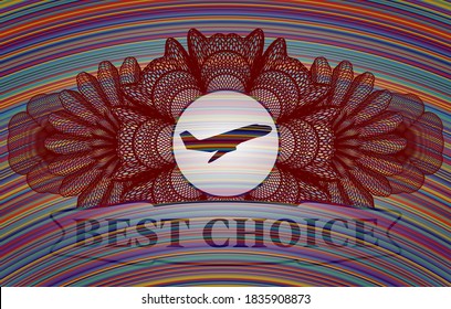 Linear decoration Plane taking off icon and BEST CHOICE text colorful realistic badge. Showy handsome background. Intense illustration. 