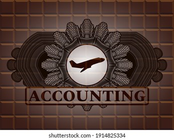 Decoración lineal Icono de despegar de avión y botón de contabilidad de chocolate de texto realista de insignia. Marrón de exquisito fondo. Ilustración. 