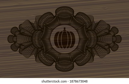 Linear decoration pumpkin icon inside dark wooden emblem. Brown fashionable background. Artistic illustration. 