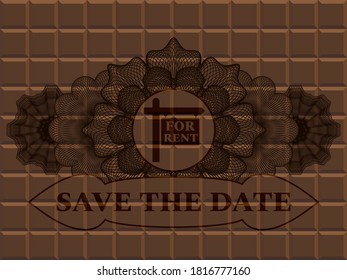 Linear decoration For rent sign icon and Save the date text chocolate bar emblem. Brown fancy background. Artistic illustration. 