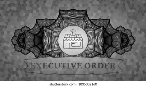 Linear decoration restaurant icon and executive order text grey color stone wall emblem. Rock delicate background. Intense illustration. 