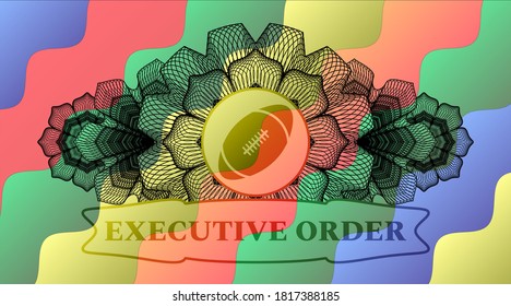 Linear decoration rugby ball icon and executive order text Colorful candy multicolored realistic emblem. Curvy graceful background. Vector illustration. 