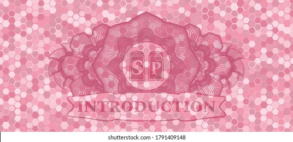 Linear decoration salt and pepper icon and Introduction text pink color tiles mosaic pattern realistic emblem. Geometric hexagon exquisite background. Intense illustration. 