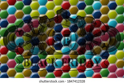 Decoración lineal icono de sal y pimienta y texto del viernes negro Colorido caramelo multicolor placa realista. Fondo elegante de hexágono. Ilustración. 