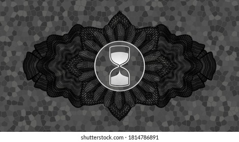 Linear decoration sand clock icon inside grey stone wall badge. Rock fancy background. Intense illustration. 