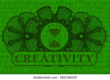 Lineare Dekoration Sand-Uhr-Symbol und Kreativität Text grünen Weiden-Emblem. Eco-fantasievoller Hintergrund. Intensive Illustration. 