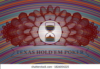Linear decoration sand clock icon and Texas Hold'em Poker text colorful realistic badge. Showy classic background. Illustration. 