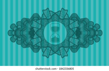 Decoración lineal e icono del reloj dentro del emblema del color turquesa. Barras de fondo elegante. Ilustración. 