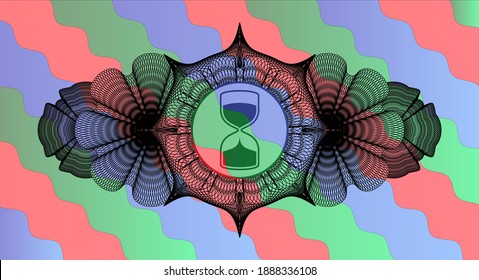 Linear decoration sand clock icon inside Colorful multicolored emblem.Curvy exquisite background. Artistic illustration. 