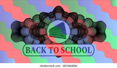 Linear decoration sandwich icon and Back to School text Colorful realistic emblem. Curvy graceful background. Intense illustration. 