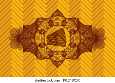 Linear decoration sandwich icon inside abstract orange color emblem. Geometric chic background. Illustration. 