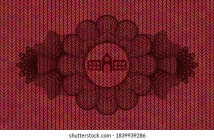 Linear decoration school icon inside Red color woolen fabric realistic emblem. Cloth exquisite background. Vector illustration. 