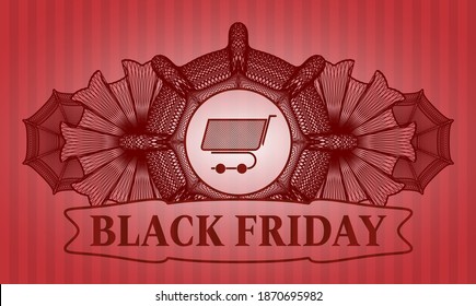 Linear decoration shopping cart icon and Black friday text red realistic emblem. Bars fashionable background. Illustration. 