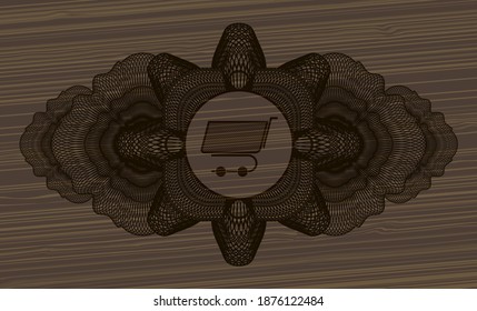 Linear decoration shopping cart icon inside dark wooden realistic badge. Brown handsome background. Illustration. 