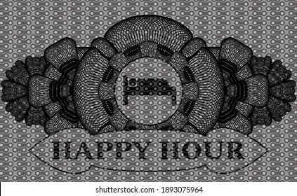 Linear decoration sleeping icon and Happy hour text dark abstract badge. Pattern fashionable background. Artistic illustration. 