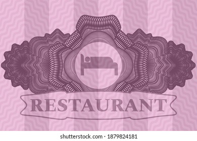 Lineare Dekoration Schlafsymbol und Restaurant Text rosa gewellte Emblem. Curve klassischer Hintergrund. Künstlerische Illustration. 
