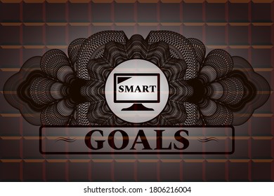 Linear decoration smart TV icon and Goals text chocolate bar badge. Brown exquisite background. Illustration. 