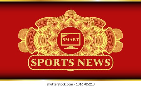 Decoración lineal Icono de TV inteligente y SPORTS NEWS texto Oro y rojo color emblema realista. Tradicional y elegante fondo. Ilustración. 