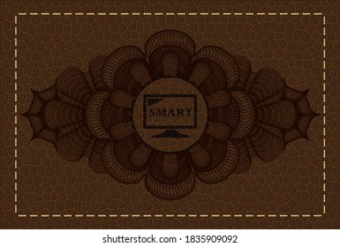 Decoración lineal icono de TV inteligente dentro de una insignia realista de cuero marrón. Fondo de lujo de la cartera. Ilustración intensa. 