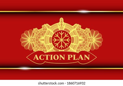 Linear decoration Snowflake icon and ACTION PLAN text Gold and Red emblem. Traditional luxurious background. Intense illustration. 