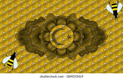 Linear decoration Star and crescent icon inside honey emblem. beekeeping fancy background. Vector illustration. 