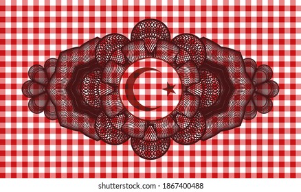 Linear decoration Star and crescent icon inside red checkered tablecloth emblem. Restaurant luxurious background. Illustration. 