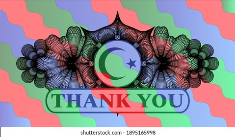 Linear decoration Star and crescent icon and Thank you text Colorful candy multicolored emblem.Curvy classic background. Illustration. 