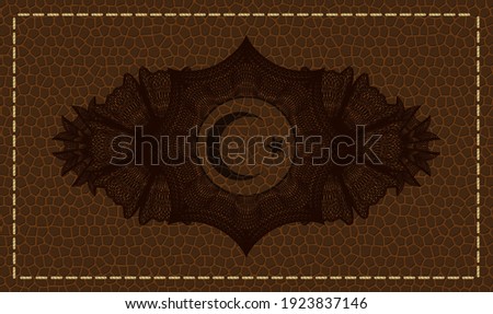 Linear decoration Star and crescent icon inside brown leather realistic emblem. Wallet fancy background. Artistic illustration. 