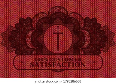 Linear decoration Sword icon and 100% customer satisfaction text Red wool badge. Cloth luxurious background. Artistic illustration. 