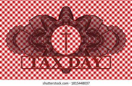 Lineare Dekoration Sword Icon und Tax Day Text rot Schachbretttablett realistisches Badge. Restaurant, zarter Hintergrund. Vektorgrafik. 