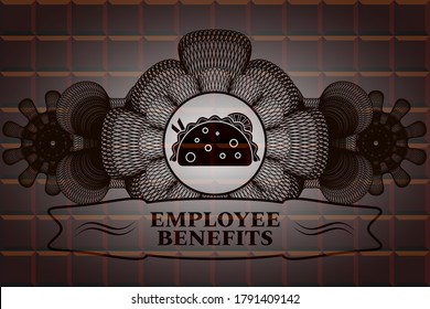 Linear decoration taco icon and Employee benefits text chocolate bar realistic emblem. Brown graceful background. Vector illustration. 