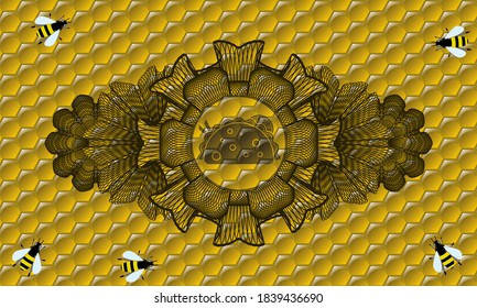Linear decoration taco icon inside sweet honey realistic badge. beekeeping exquisite background. Vector illustration. 
