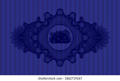 Linear decoration taco icon inside Blue color realistic emblem. Bars classic background. Vector illustration. 