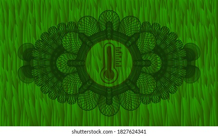 Linear decoration thermometer icon inside green grama grass badge. Eco fashionable background. Intense illustration. 