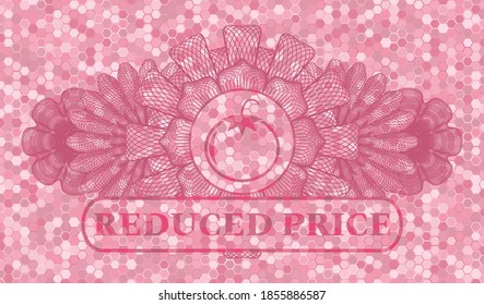 Decoración lineal Icono de tomate y Menor precio texto mosaico mosaico tejas rosadas patrón realista. Fondo de lujo de hexágono geométrico. Ilustración vectorial. 