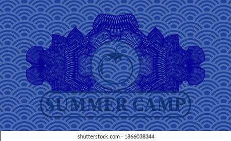 Decoración lineal Icono de tomate y emblema realista del patrón japonés del Summer Camp de color azul. Fondo de fantasía geométrica. Ilustración artística. 
