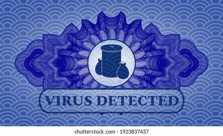Icono de basura de decoración lineal y emblema realista de estilo japonés azul de texto DETECTADO VIRUS. Fondo geométrico elegante. Ilustración artística. 