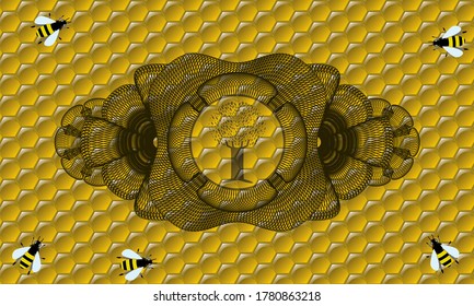 Linear decoration tree icon inside honey bees badge. beekeeping exquisite background. Illustration. 