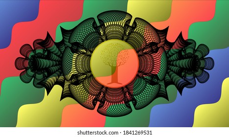 Linear decoration tree icon inside Colorful candy multicolored badge. Curvy fancy background. Vector illustration. 