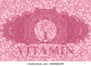 Icono de árbol de decoración lineal y emblema realista de mosaico de azulejos color rosa de texto vitamina. Fondo de lujo de hexágono geométrico. Ilustración artística. 