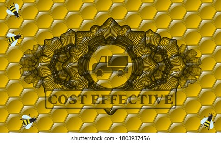 Linear decoration truck icon and Cost effective text honey bees realistic badge. beekeeping exquisite background. Vector illustration. 