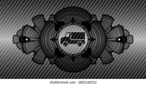 Linear decoration truck icon inside carbon fiber dark badge. Polymer texture delicate background. Artistic illustration. 