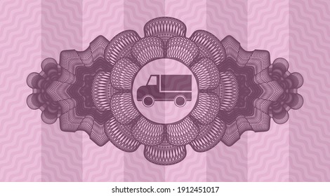Linear decoration truck icon inside pink wavy realistic emblem. Curve fashionable background. Intense illustration. 