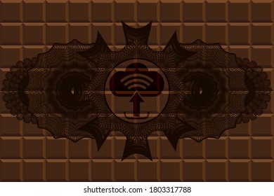 Linear decoration upload icon inside chocolate bar badge. Brown graceful background. Vector illustration. 