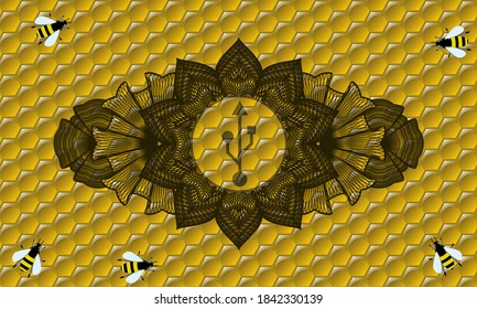 Decoración lineal icono USB dentro del emblema realista dulce miel. fondo cuidado y cuidado. Ilustración intensa. 